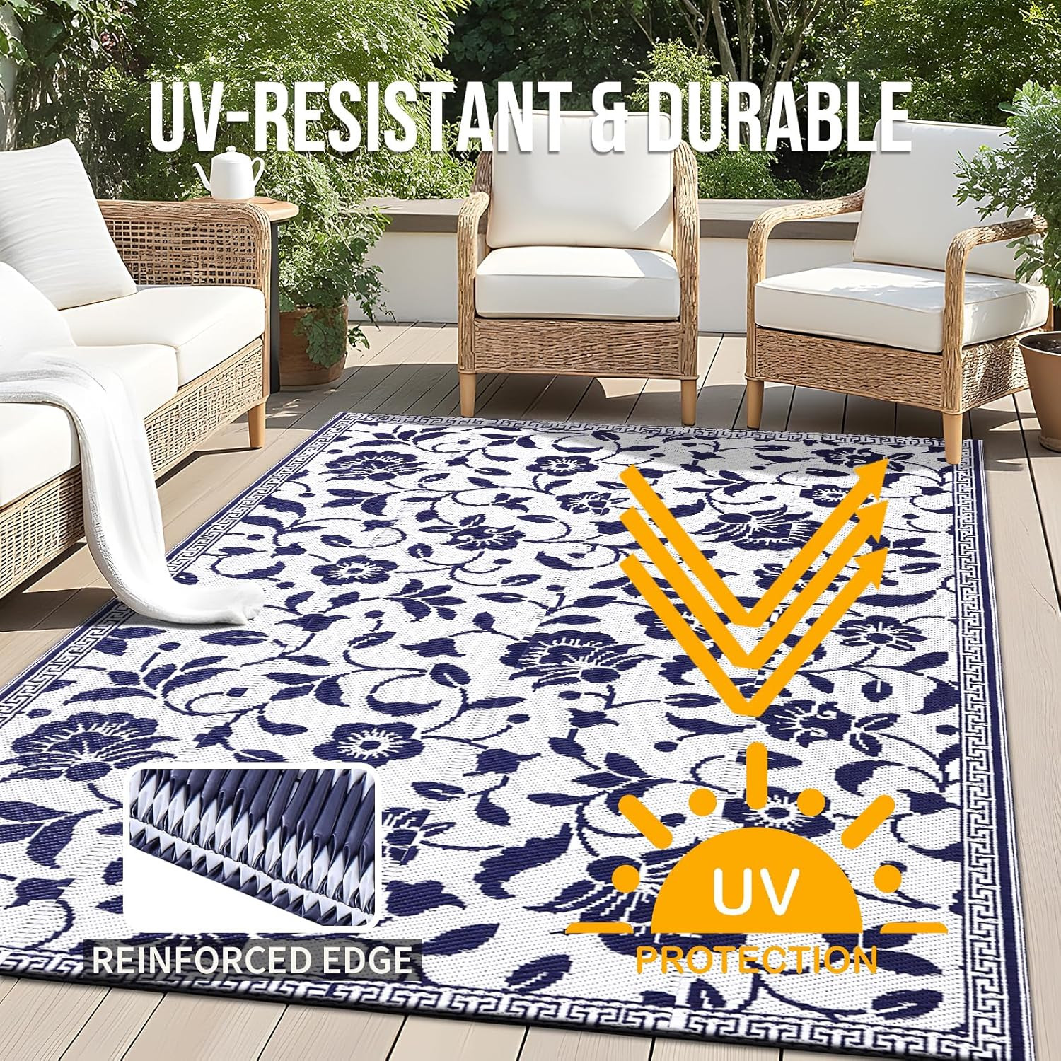 OLANLY Waterproof Outdoor Rug 5X8 Ft, Outdoor Plastic Straw Rug with Flower Patt