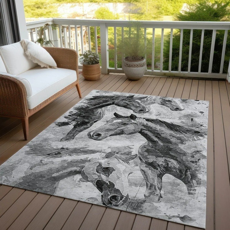 Large Running Horses Print Area Rug Western Rustic Farmhouse Accent Grey Carpet