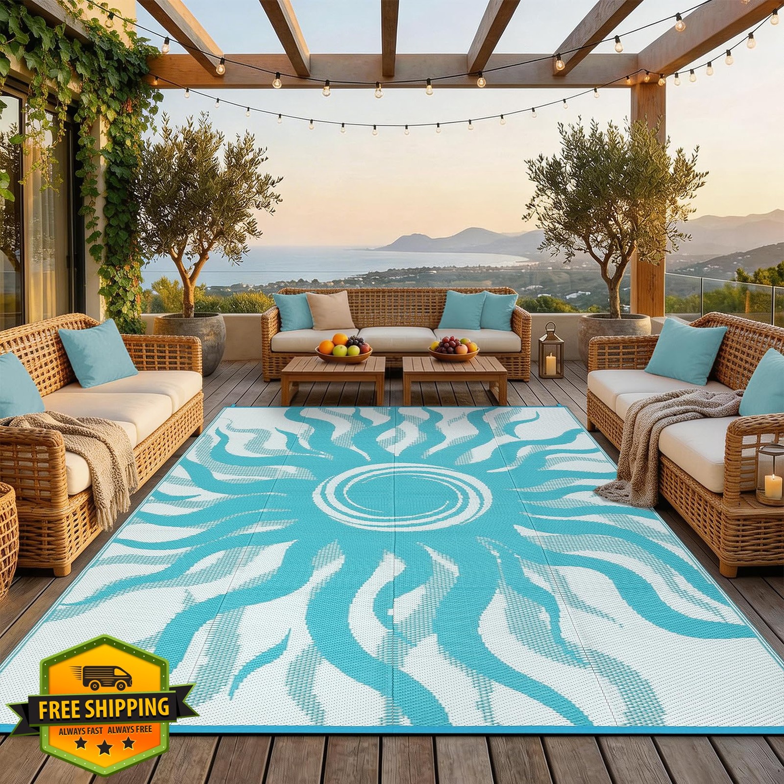 GarveeHome 9x12ft Outdoor Rug Light Blue