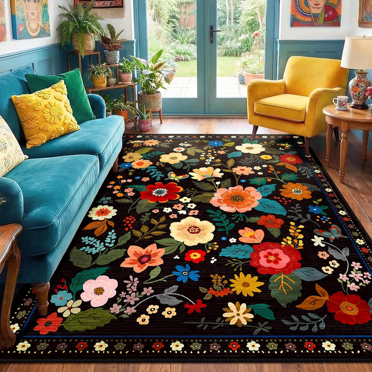 Floral Washable 5X7 Area Rugs Black | Flower Carpet Print Boho Cute Non Slip Low