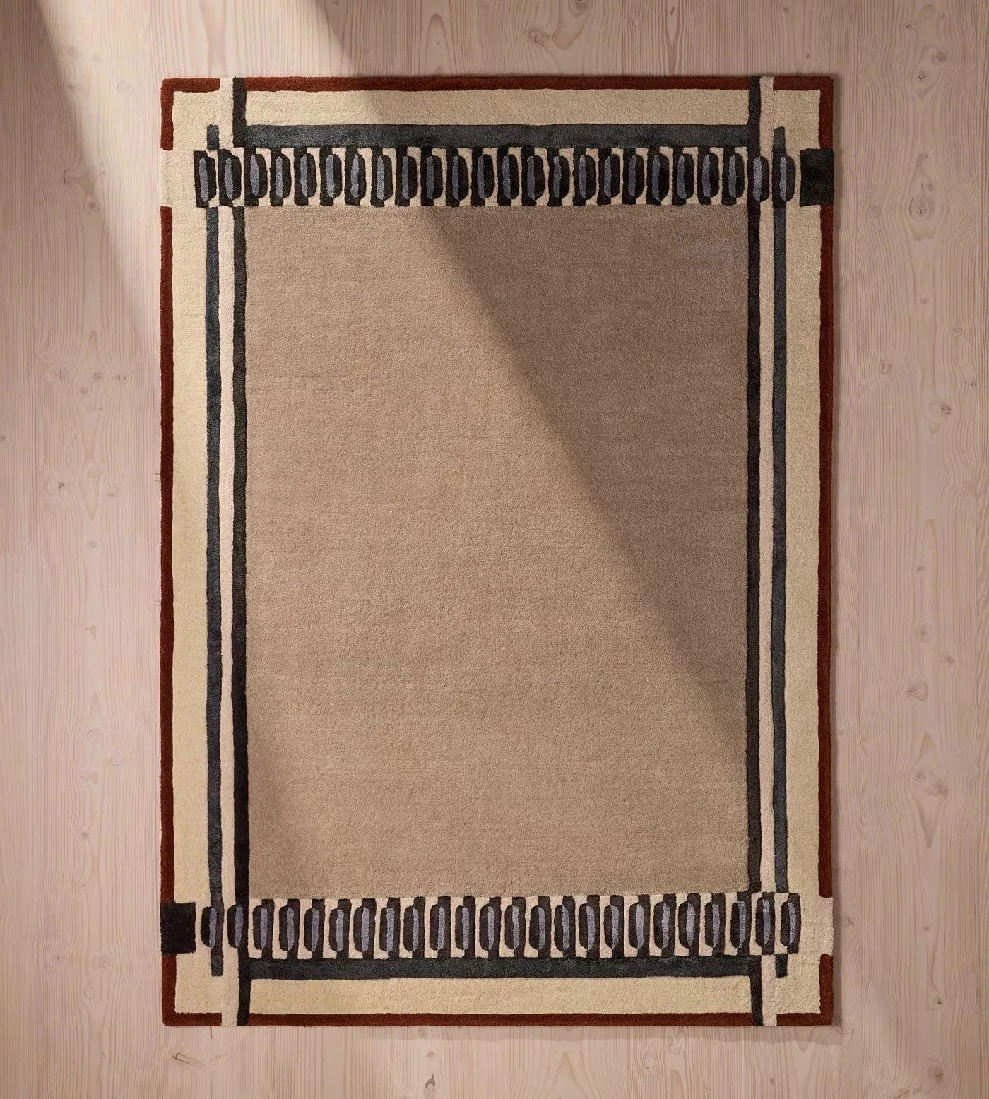 Hand Tufted Wool Area Rug Beige Modern Geometric Border Handmade 8×10 Carpet.