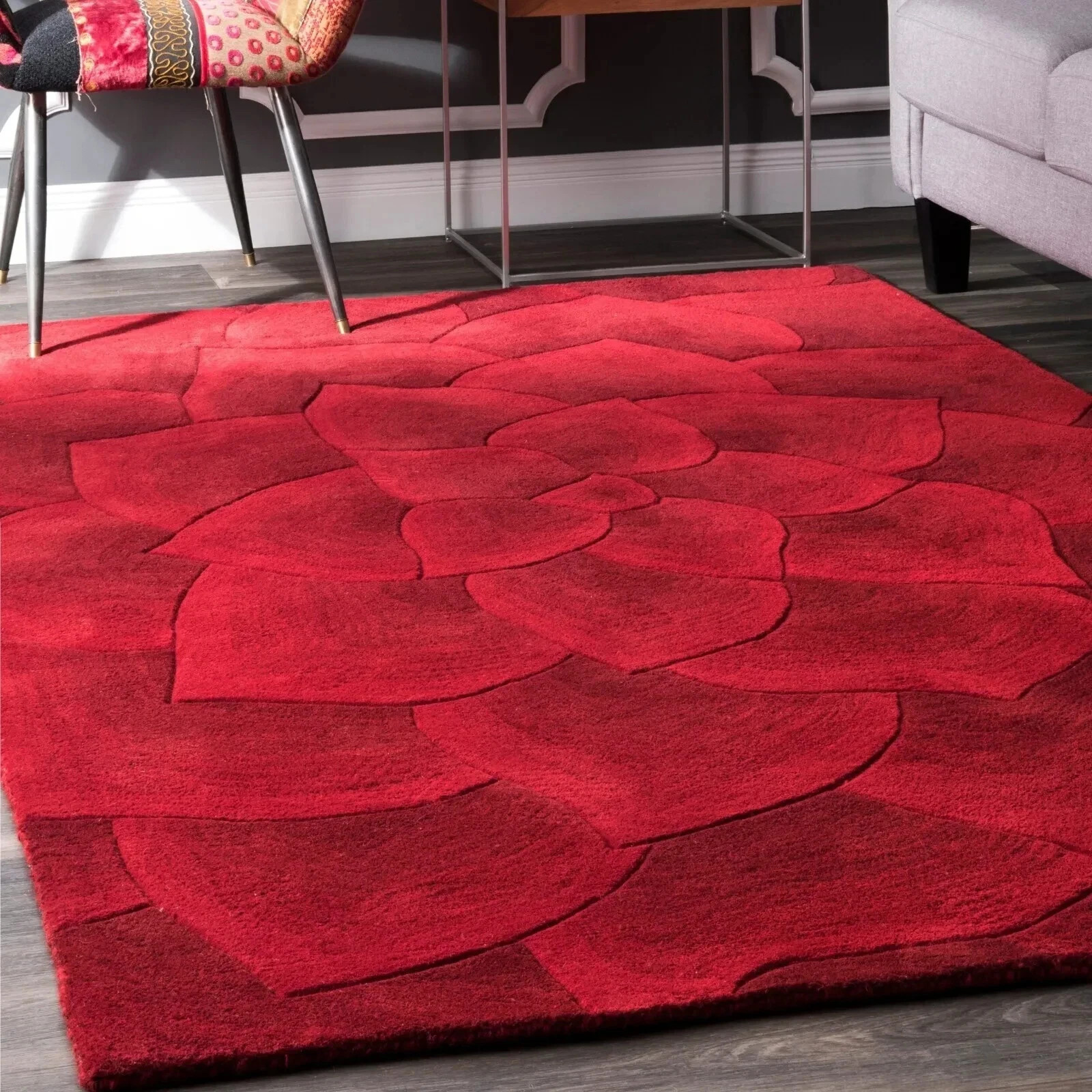 Hand Tufted Red Rose Rug 100% Wool Rugs For Living Room Bedroom Hallway Rugs