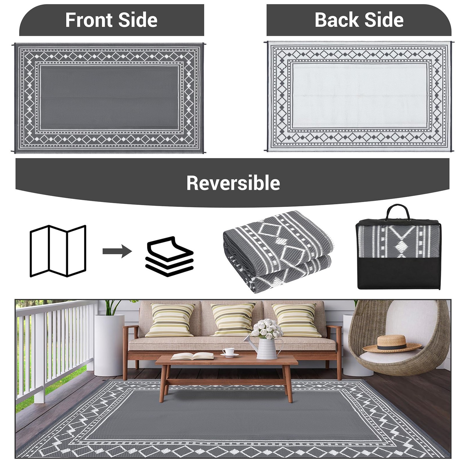 Reversible Outdoor Patio Mat 8×10/9×12/9×18/10×14/10x20ft Outside Carpet RV