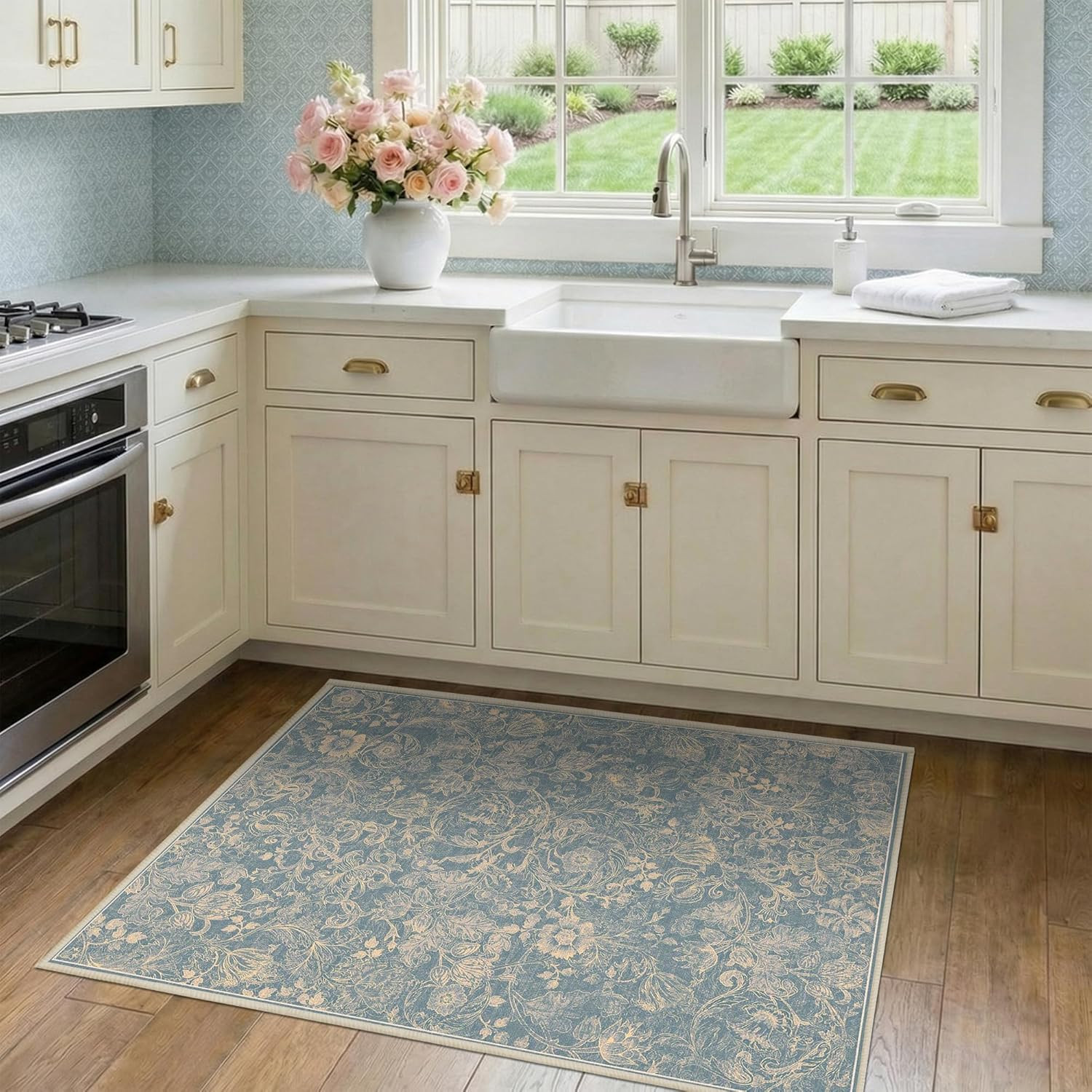 Washable Floral Area Rug 2×3, Vintage Farmhouse Botanical Rug, Non Slip Low Pile