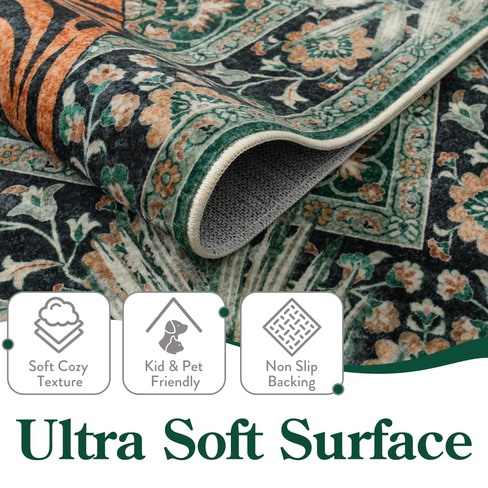 Moynesa Tiger Washable Rugs, 8×10 Area Rugs for 8′ x 10′ (Rectangular), Green