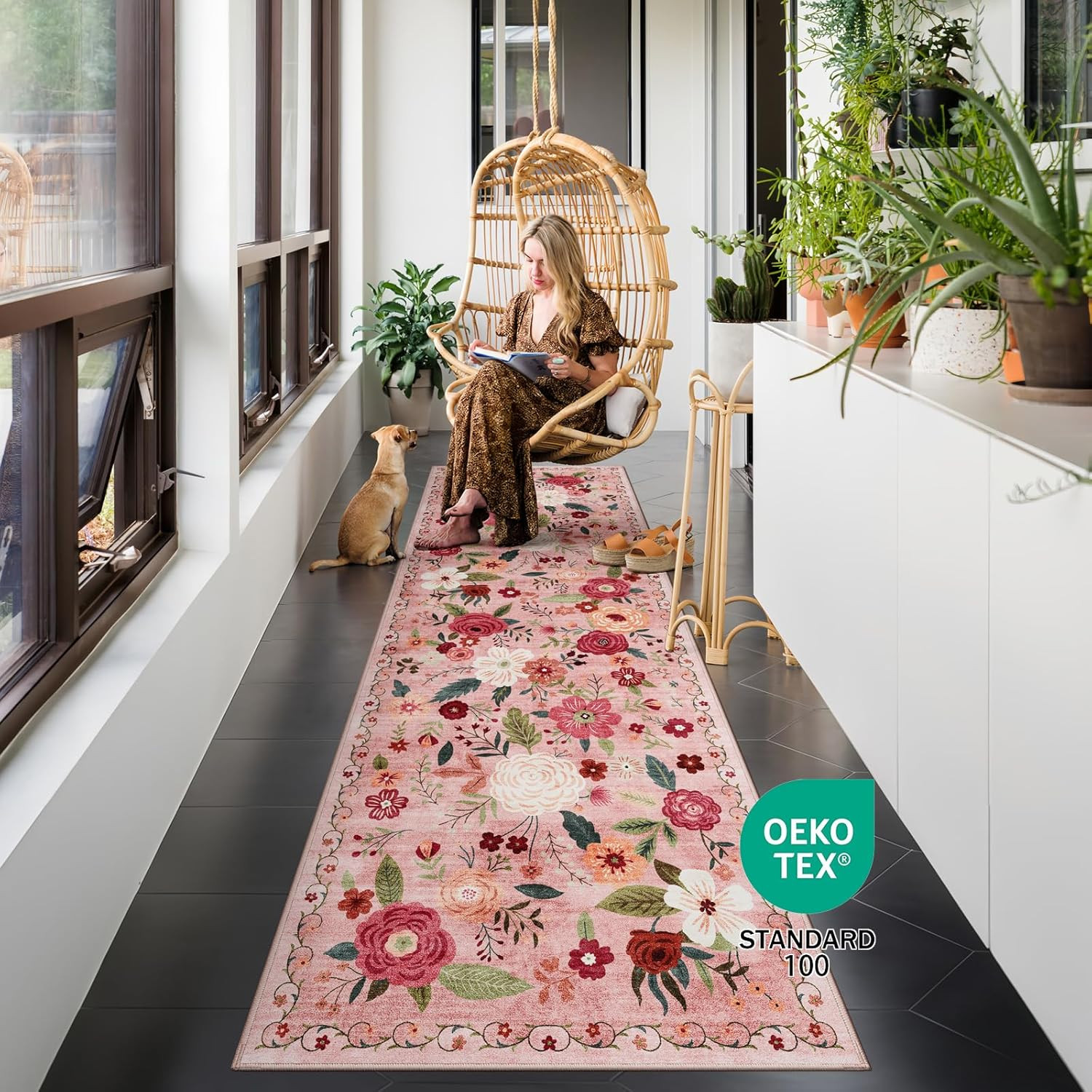 2X6 Machine Washable Runner Rug, Kitchen Hallway Area Rug Dark Pink Vintage