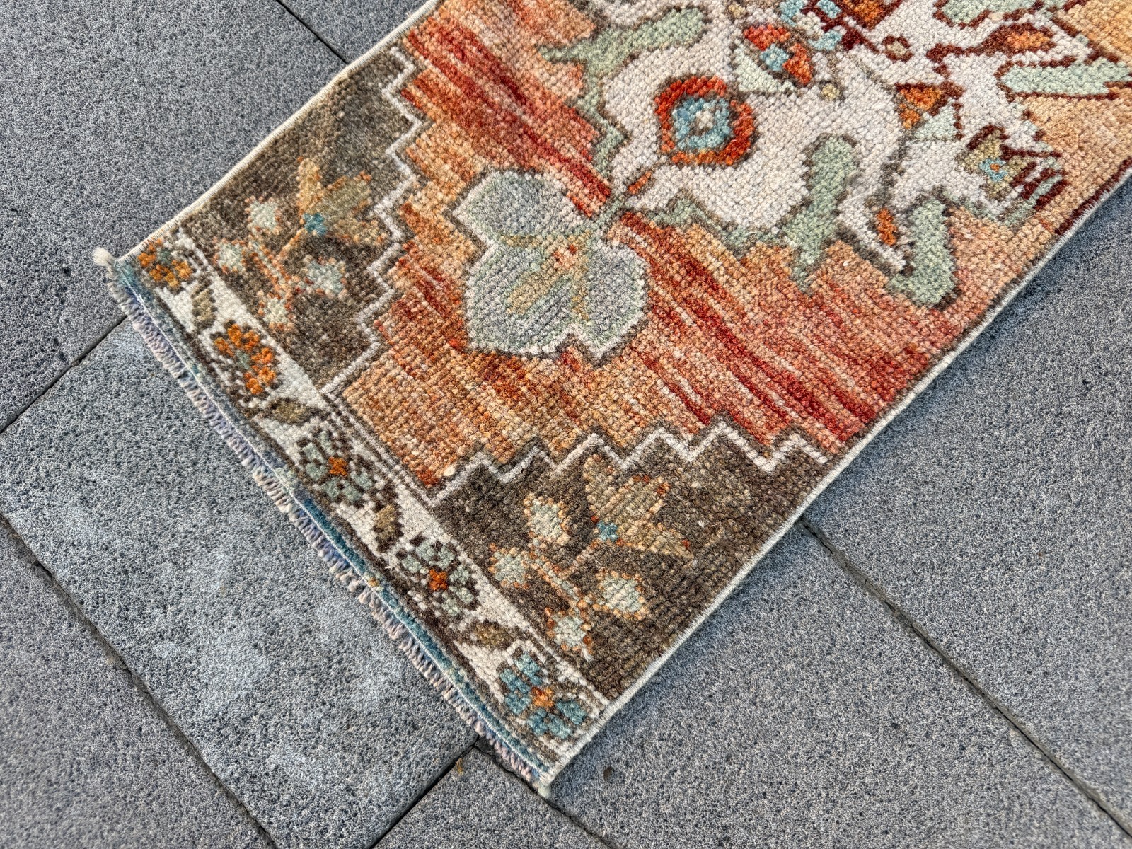 Vintage Turkish Rug 1.1×2.8 ft Small Handmade Wool Oushak Accent Area Rug