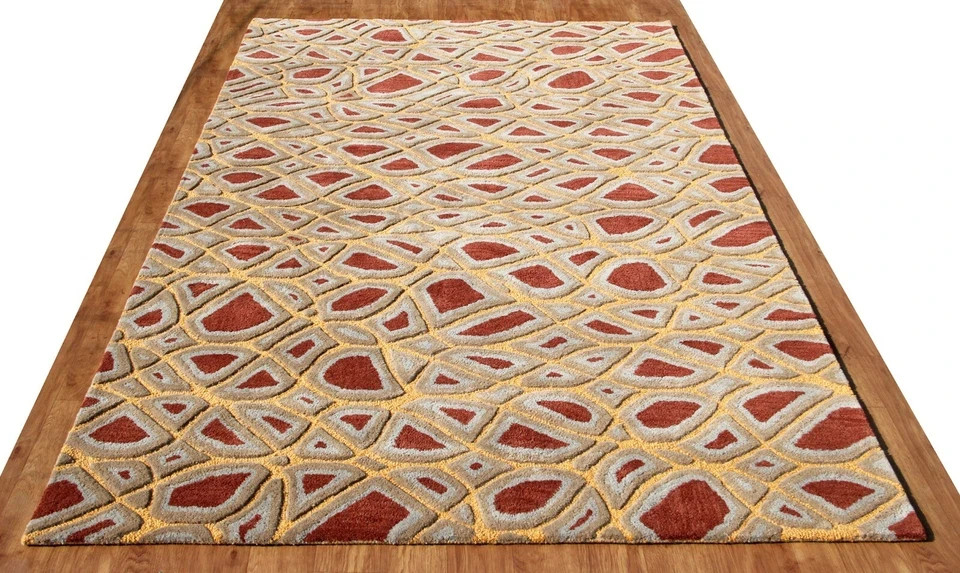 Modern Abstract Rust Gold High-Low Hand-Tufted 100% Wool Soft Area Rug Carpet.