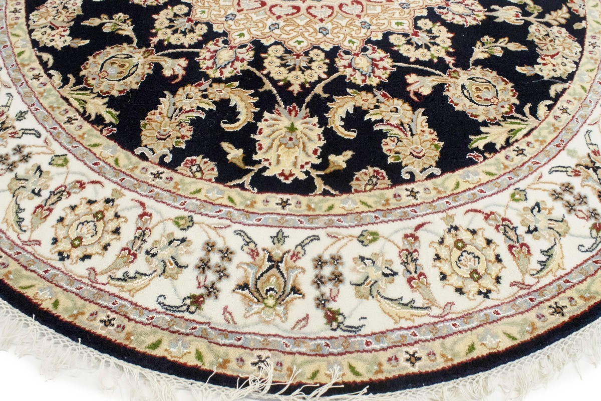 Handmade Indo-Nain Dark Navy Floral Medallion Oriental Round Rug Carpet 6X6 ft