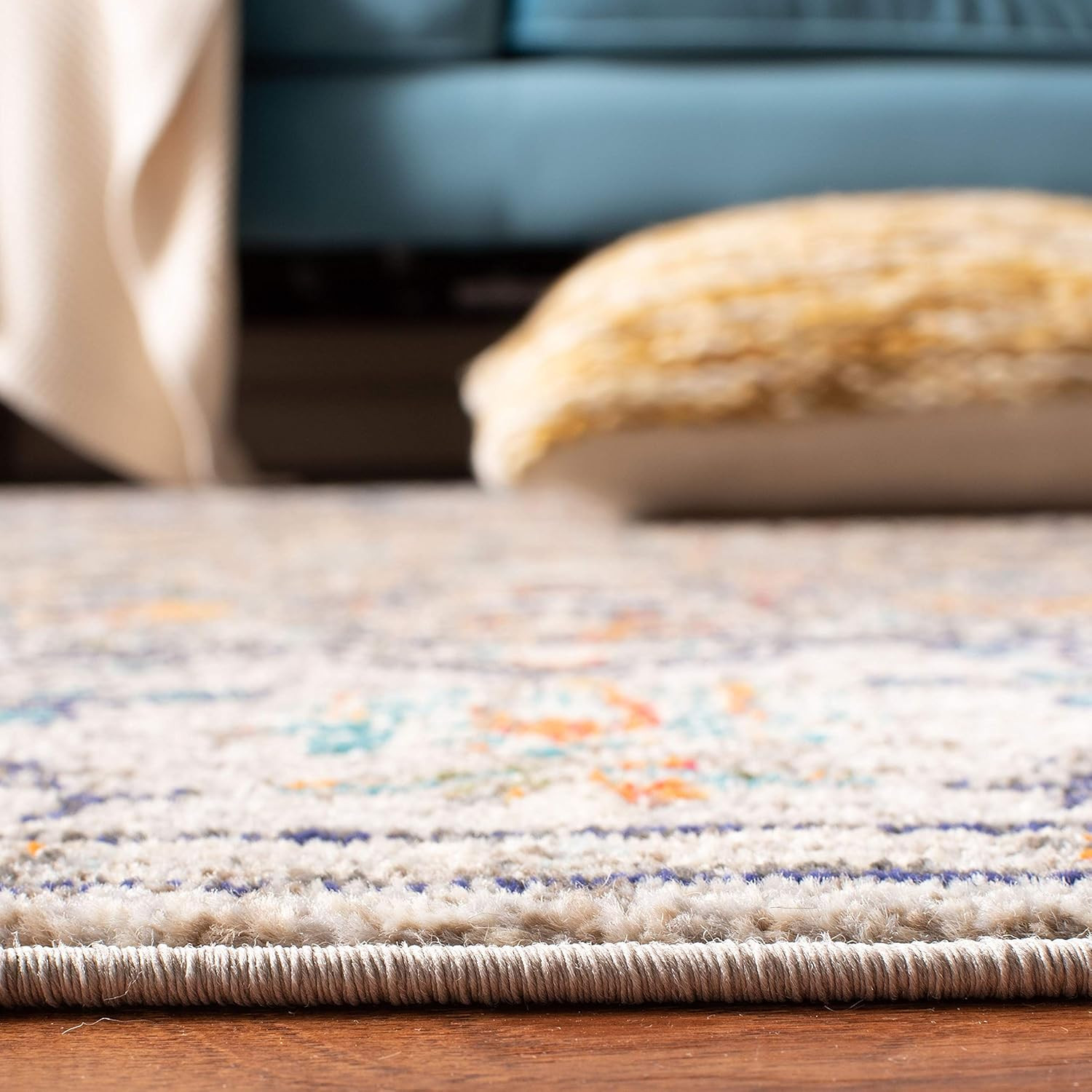 Madision 9′ Square Area Rug – Grey & Light Blue Boho Chic Design, Easy Care