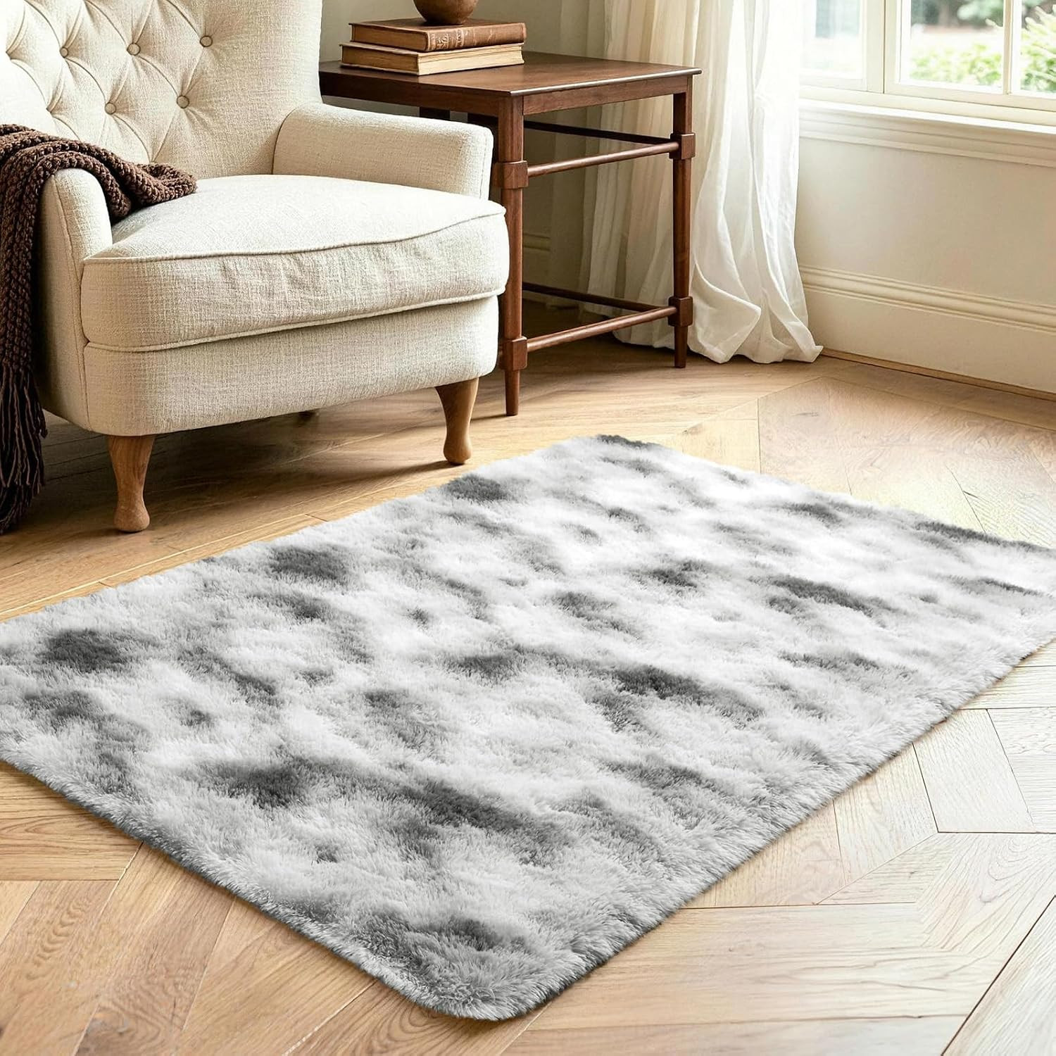 2×3 Tie-Dyed Grey and White Fluffy Area Rug Non-Slip for Entryway Bedroom | Plus