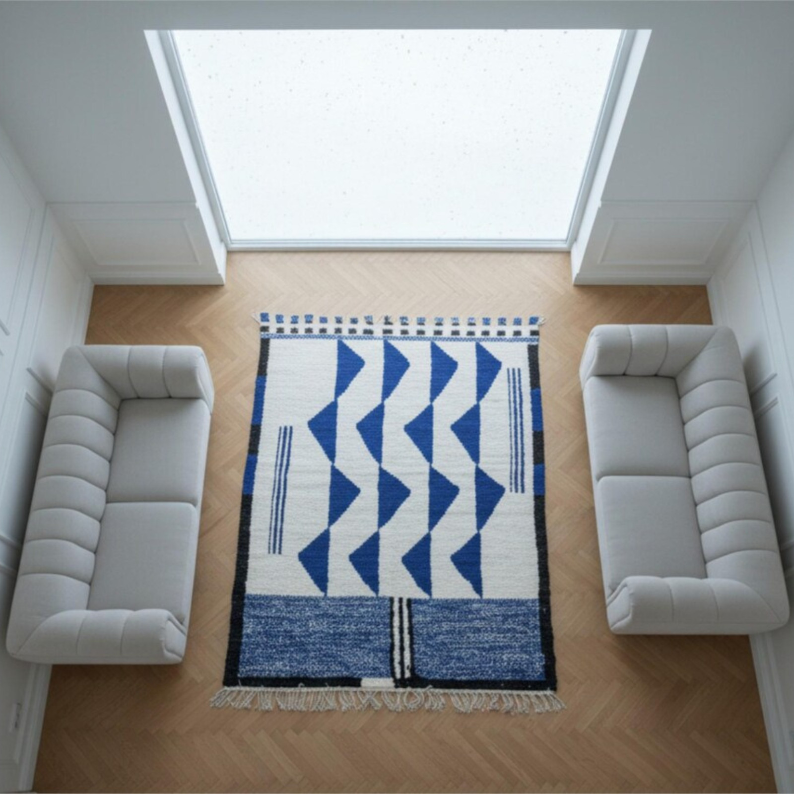 Handwoven Moroccan Style Wool Area Rug Blue White Modern Geometric Carpet