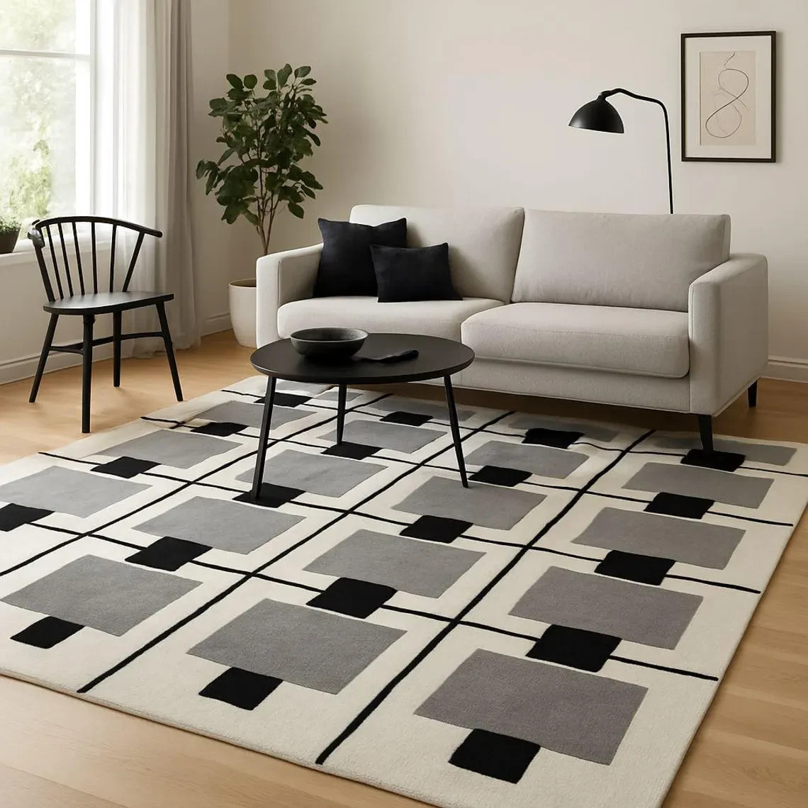 Black Grey Check Design Hand Made Tufted Rugs For Bedroom Living Room Multi Size