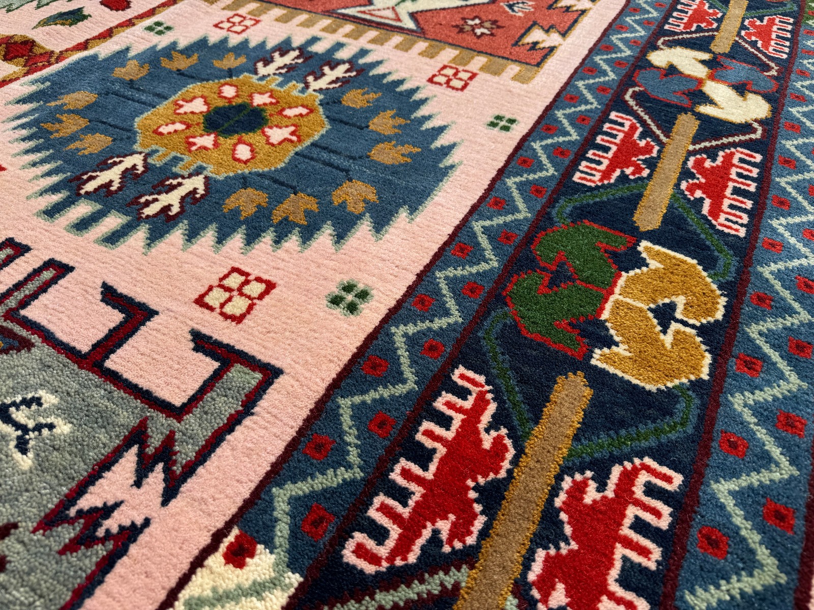9×12 NEW WOOL RUG HANDMADE PINK ORIENTAL handwoven blue green colorful tribal ft
