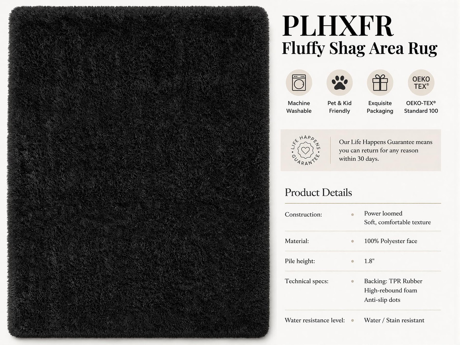 New Area Rug for Living Room Bedroom 5×7 Black Soft Fluffy Shag Upgrade Non-Slip