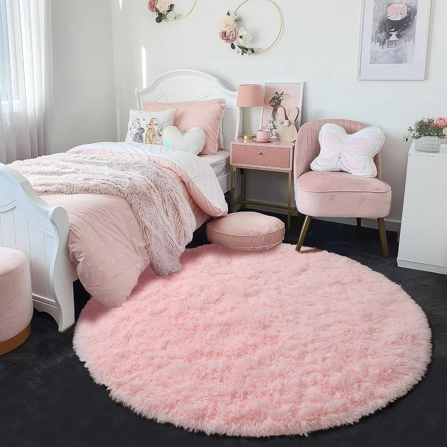 Elegant Light Pink 4Ft Round Fluffy Rug for Girls Bedroom & Nursery Decor