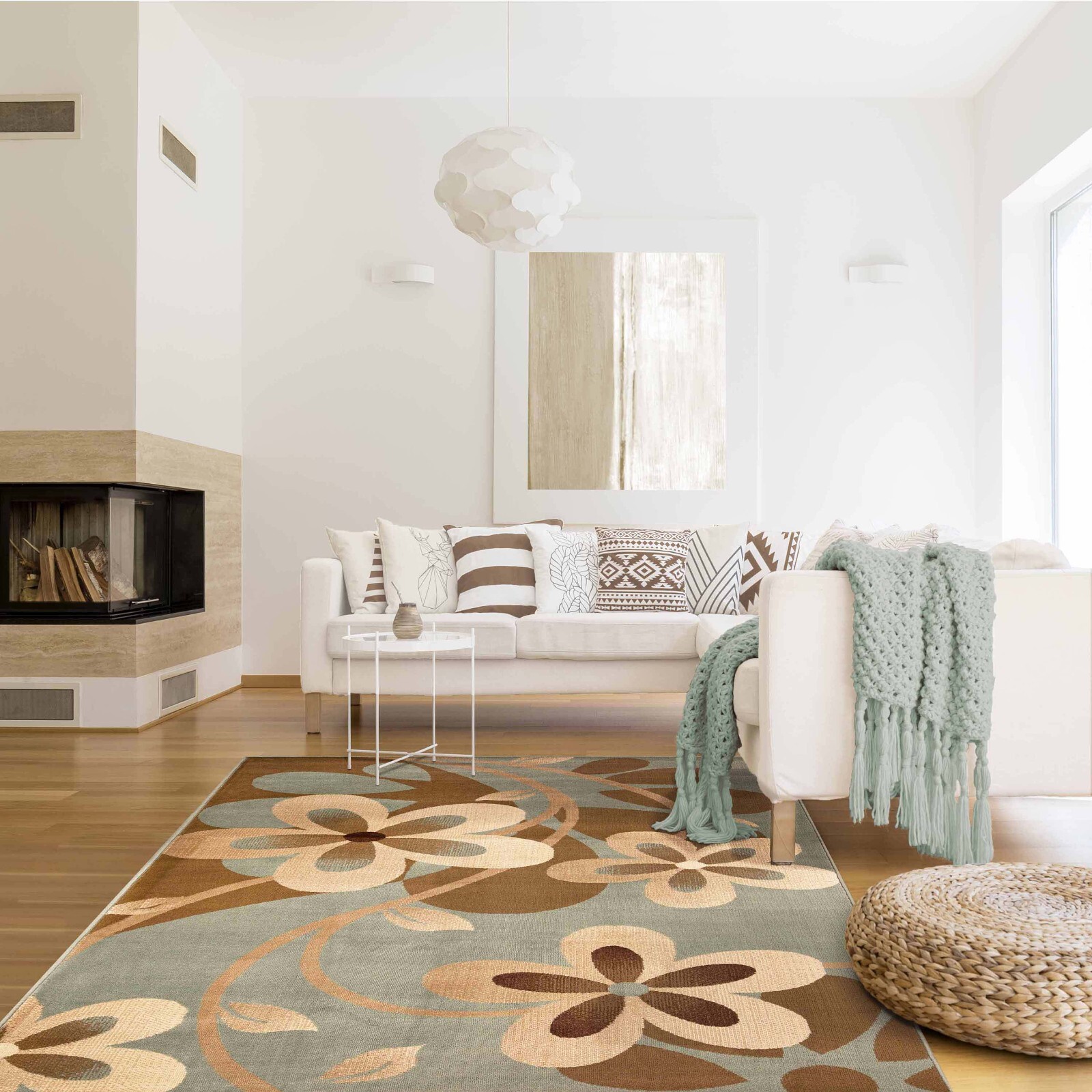 Rosette Modern Bohemian Flower with Vines Runner Stain Resistant Indoor Area Rug