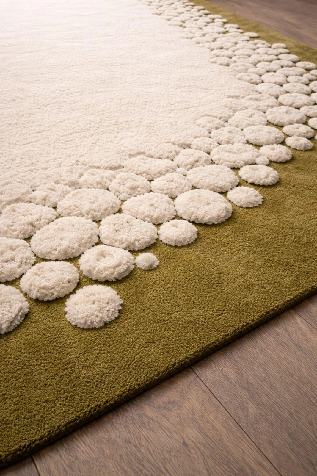 Ivory Moss Bloom Wool Rug Sculpted Border Hand Tufted Carpet Modern Textured