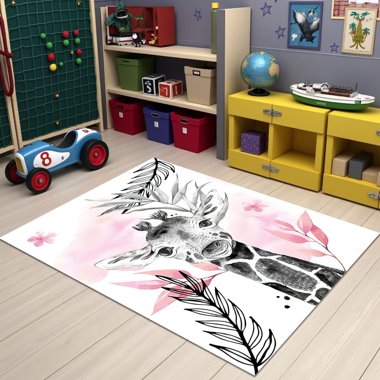 Giraffe Themed Pink Nursery Rug Baby Girl Room Carpet Soft Nonslip Mat Decor