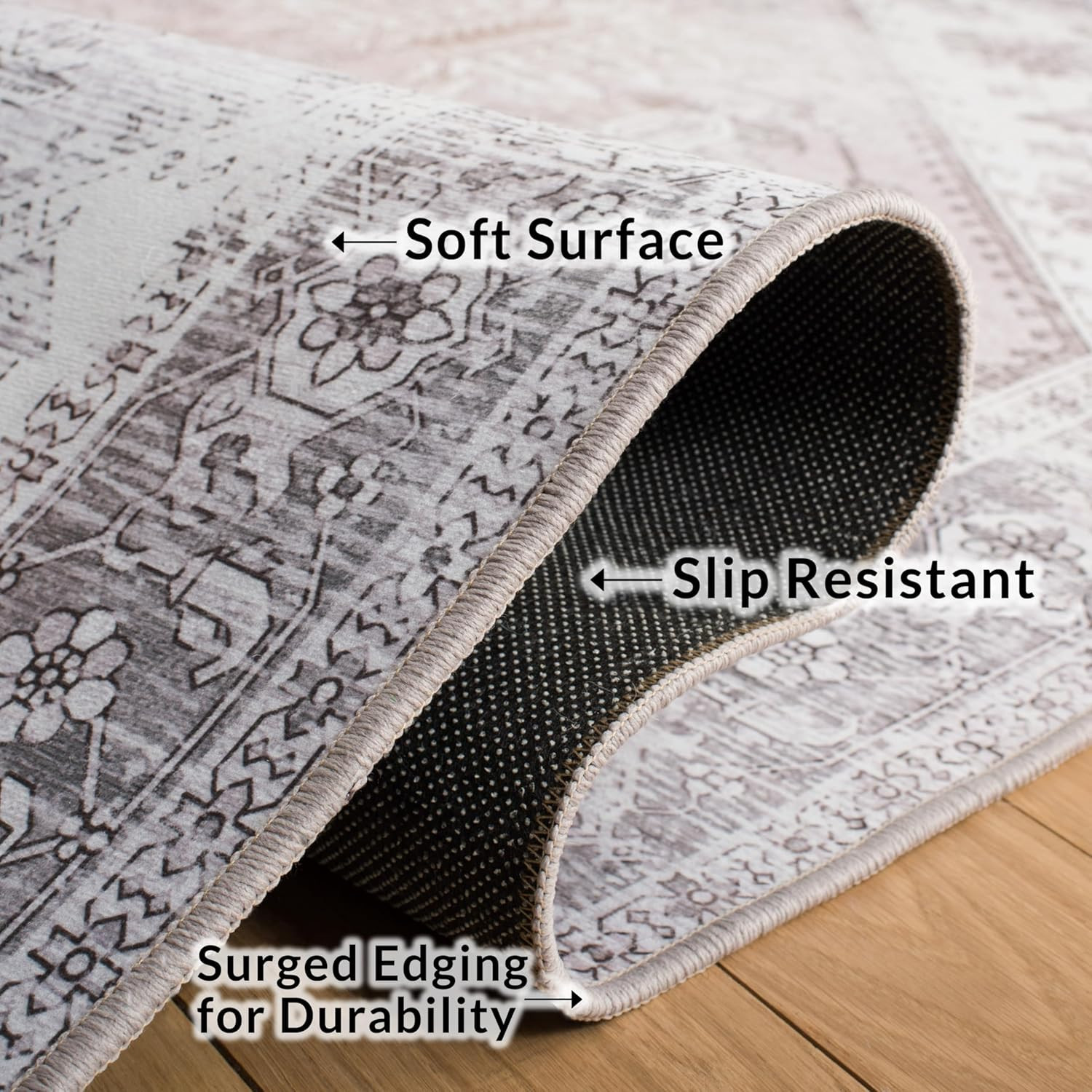 Tucson Washable 6′ Square Rug – Beige & Grey, Slip Resistant, Easy Clean