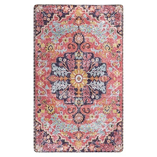 Reine Bohemian Floral Medallion Area Rug 4×6 Pink Non-Slip Washable