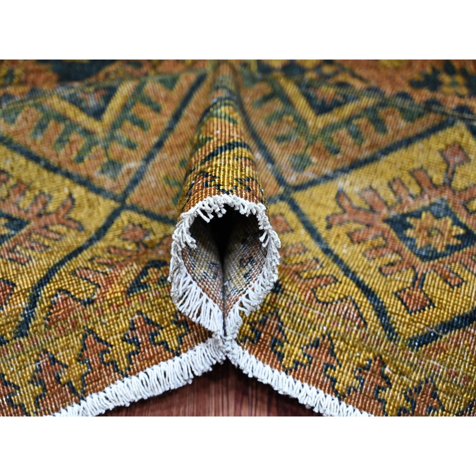 8’10″x12’2″ Brown Overdyed Afghan Block Design Hand Knotted Pure Wool Rug R20374