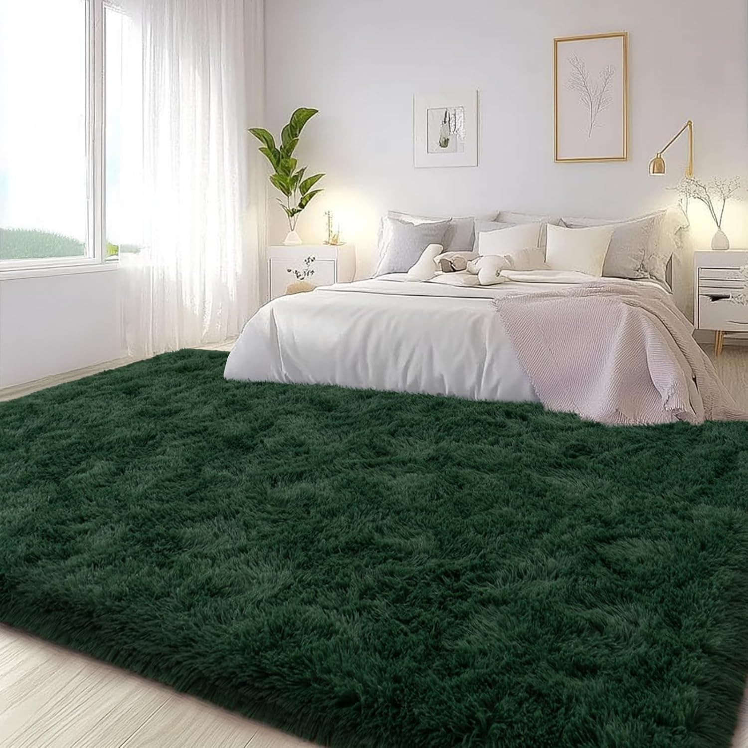 Large Area Rugs for Living Room Bedroom, 4X6 Feet Dark Green Fluffy Shag Rugs, U