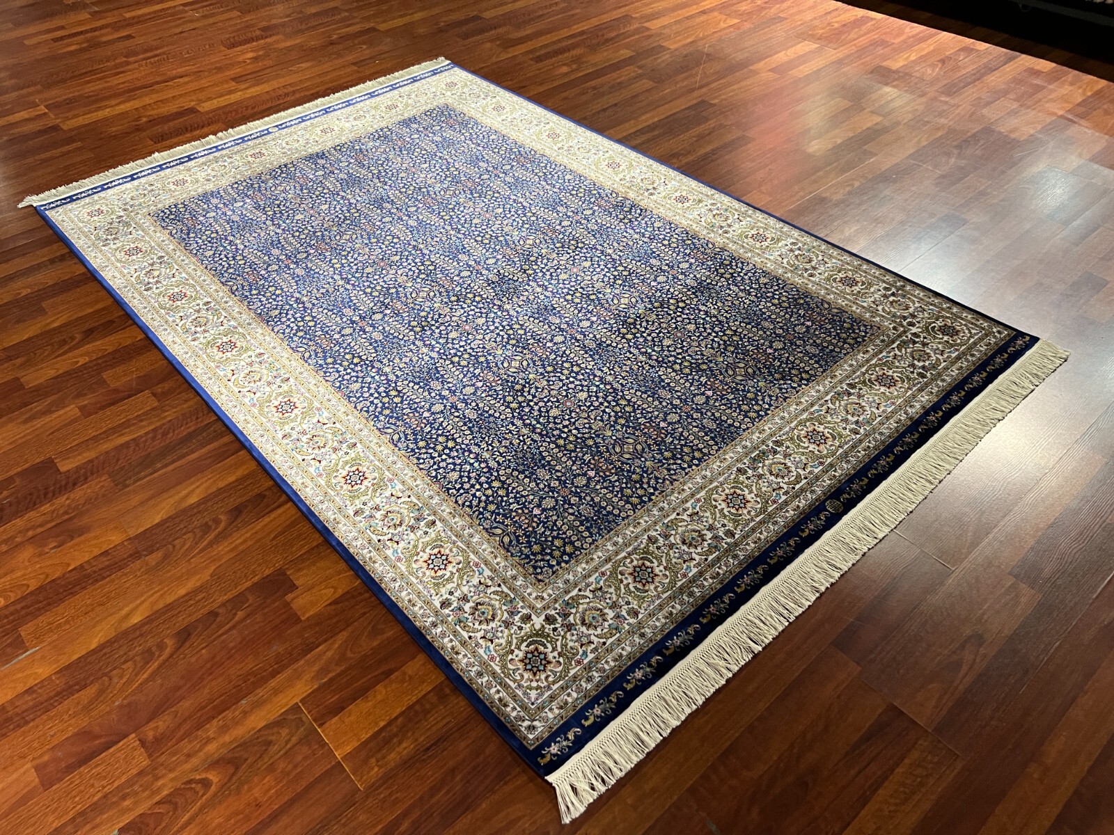 5×8 ft Blue Gold Traditional Silk Rug – Luxury Anatolia Silk Rug Living Room Rug