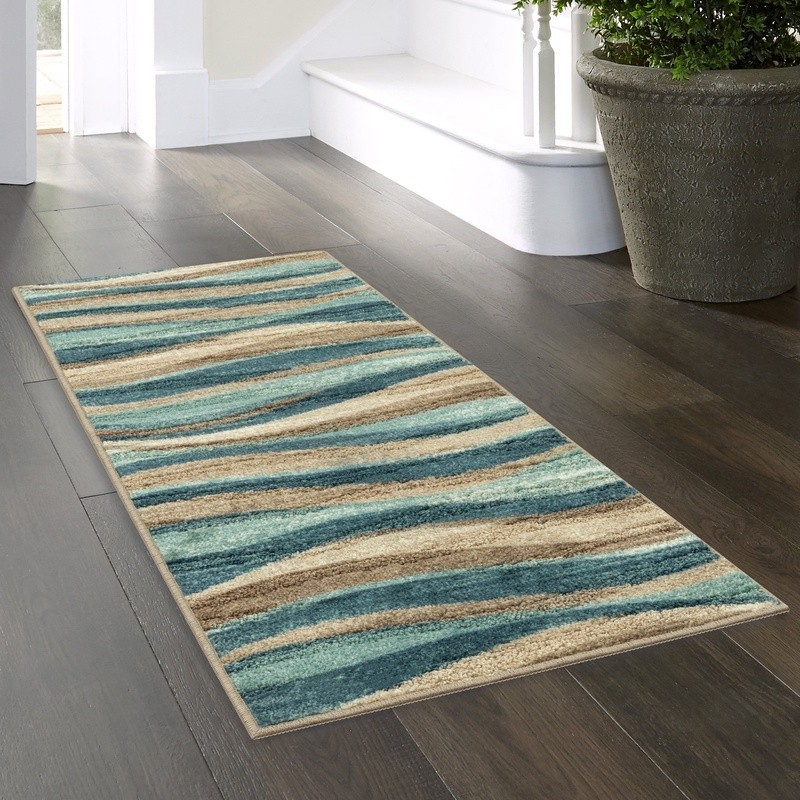 Blue Brown Waves Indoor Area Rug Soft Durable Non-Slip Machine Washable New