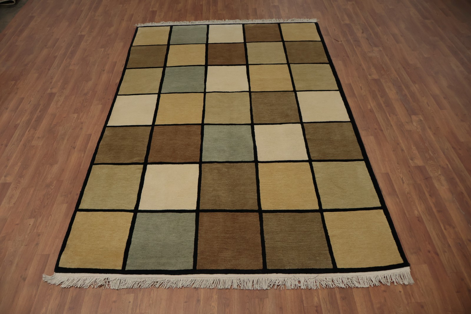 Nepalese Blocks Checkered Rug 6×9 Hand-knotted Wool Oriental Modern for Any Room