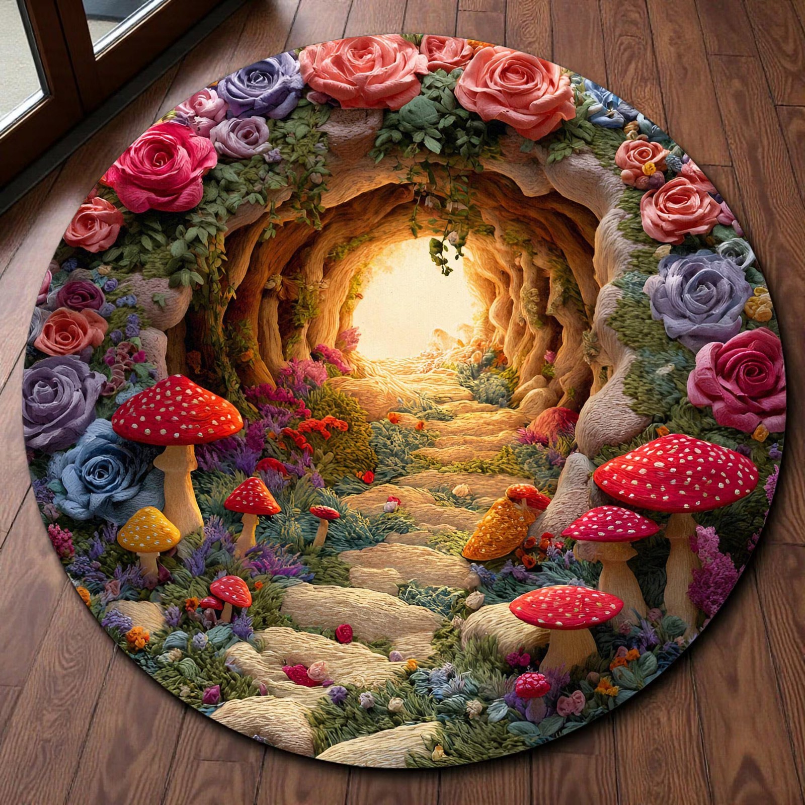Printed 3D Mushroom Round Rug Forest Fairy Garden Floral Carpet Cozy Decor Gift