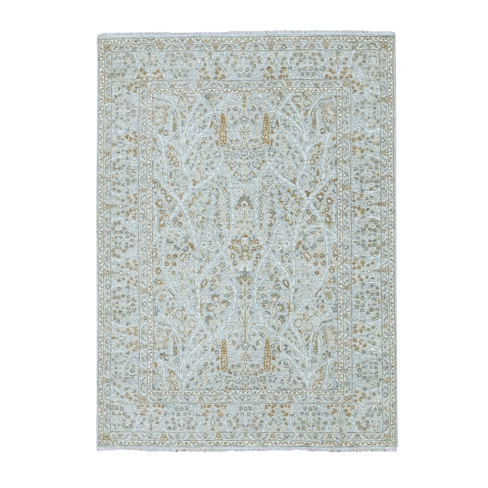 5’2″x7’1″ Gray 200 KPSI Meditation Tree of Life Design Hand Knotted Wool Rug