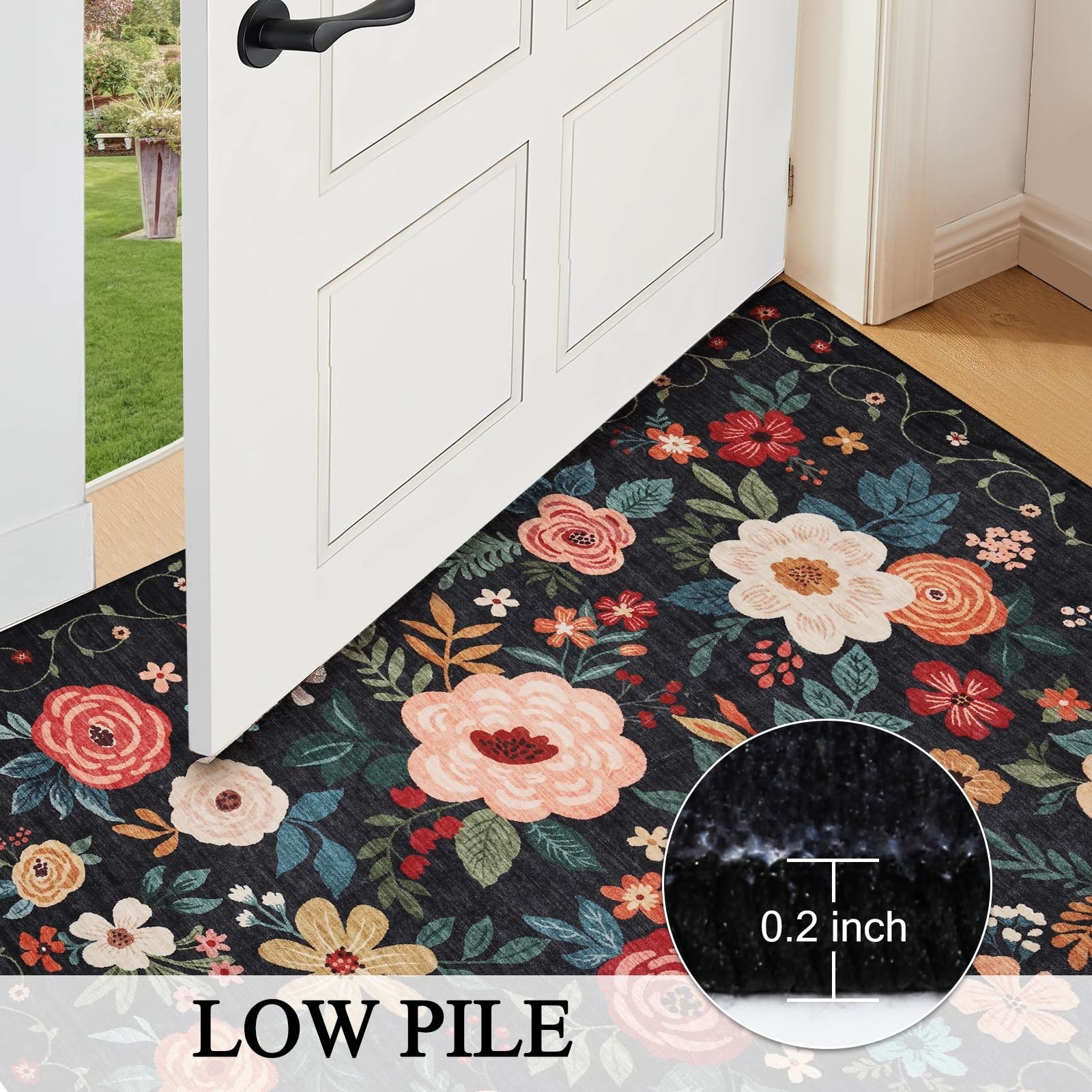 Floral 5×7 Area Rug – Lightweight, Non-Slip, Washable, Low Pile Boho Design for