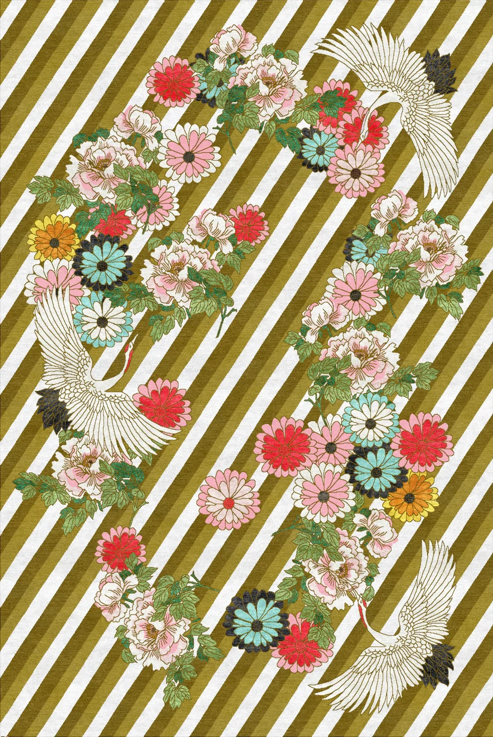 Wendy Morrison Kimono Gold Hand-Tufted Rug Chinoiserie Cranes Wool Designer