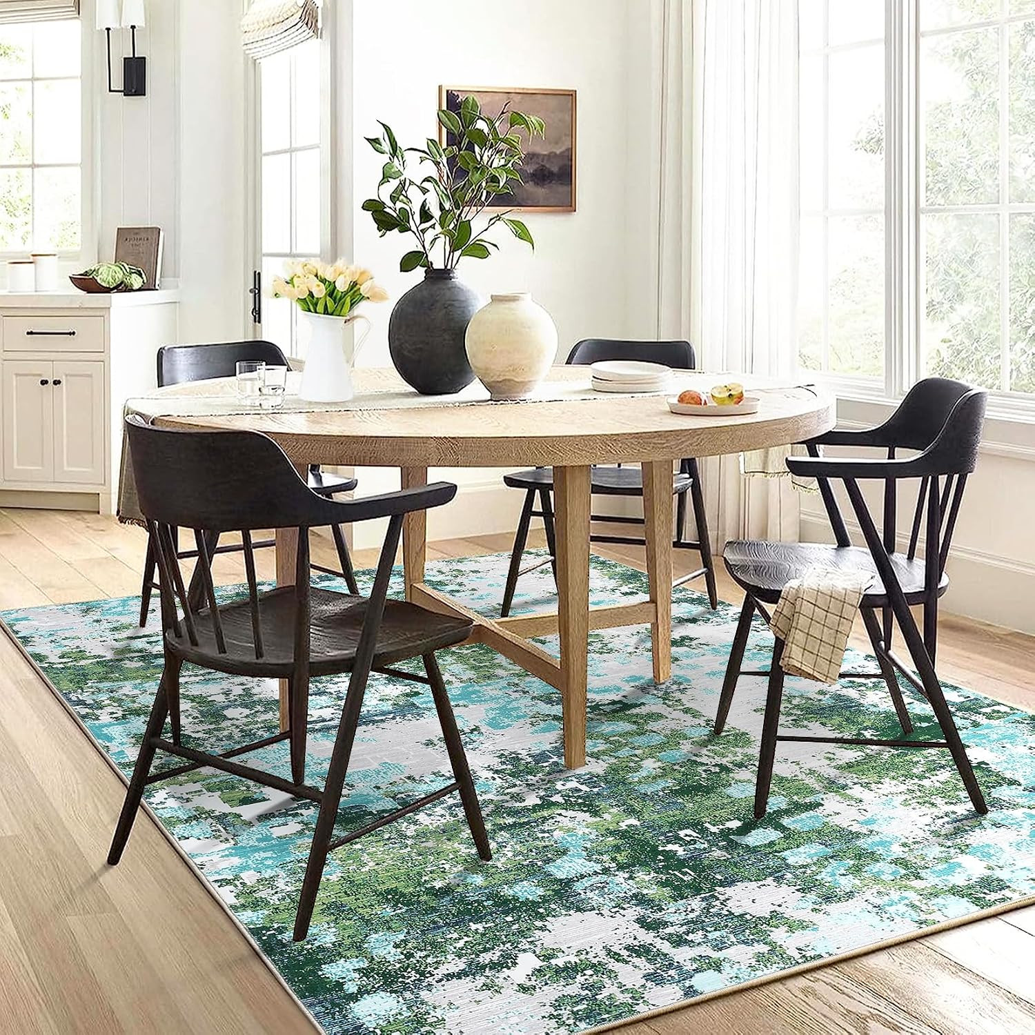 9X12 Washable Boho Chic Abstract Watercolor Design Area Rug Low Pile Thin Living