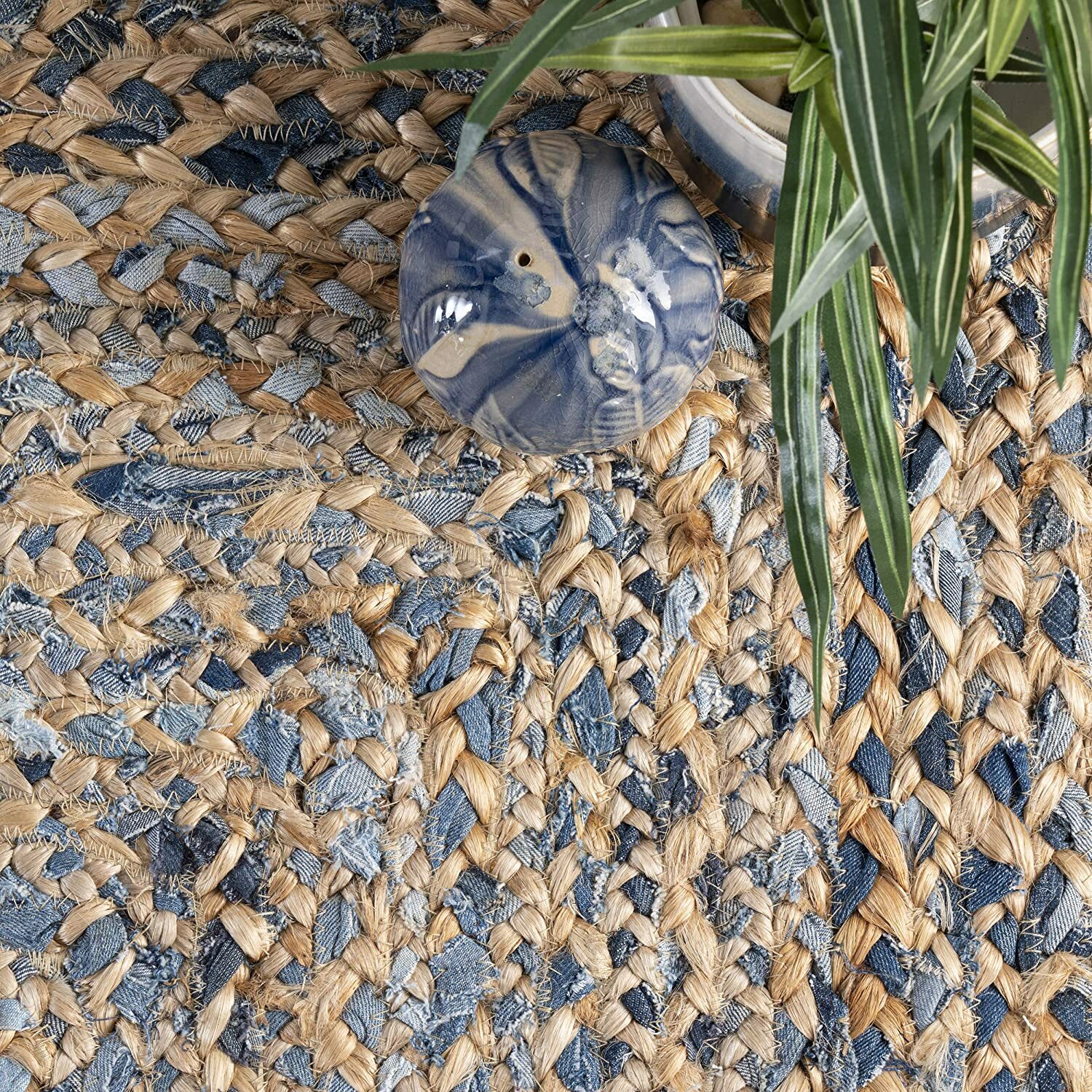 Oval Rug Natural Denim Jute Braided Style Handmade Carpet Rustic Look Area Rug