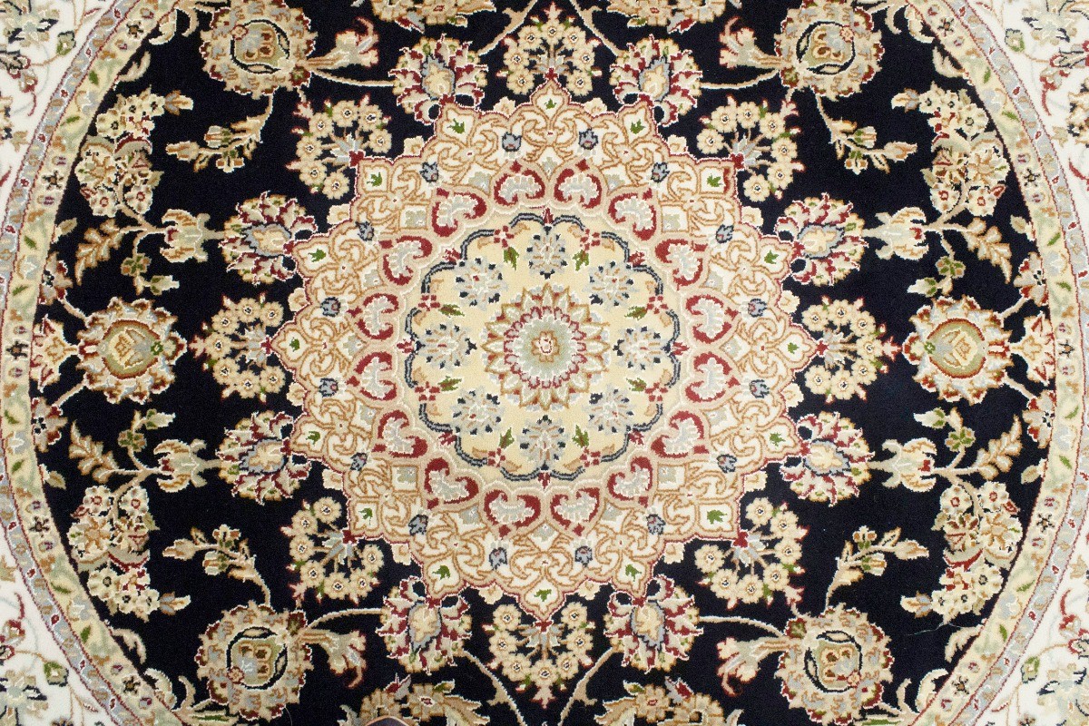 Handmade Indo-Nain Dark Navy Floral Medallion Oriental Round Rug Carpet 6X6 ft