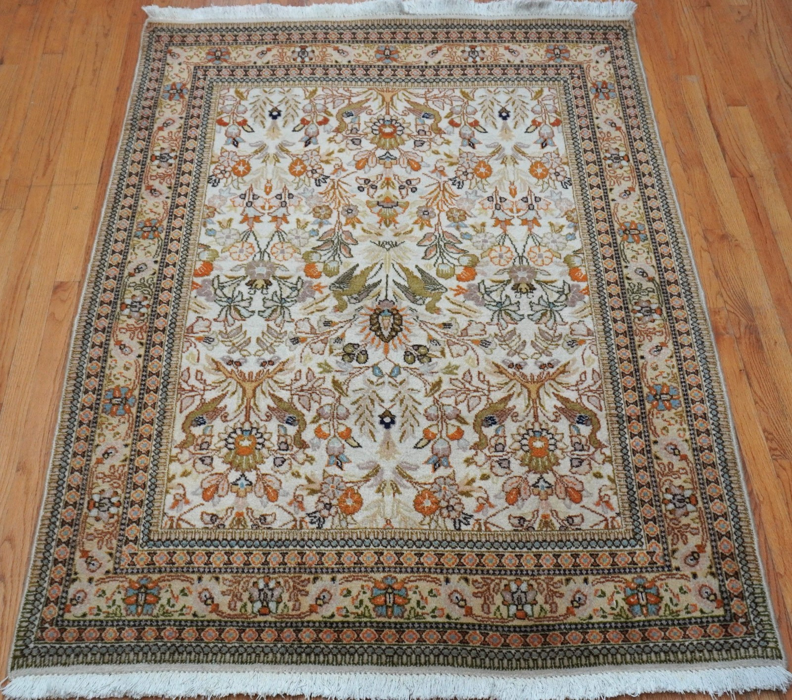 Exquisite Antique Taba Tabrizz 4’9″ x 6′ Birds Hand Knotted Wool Rug