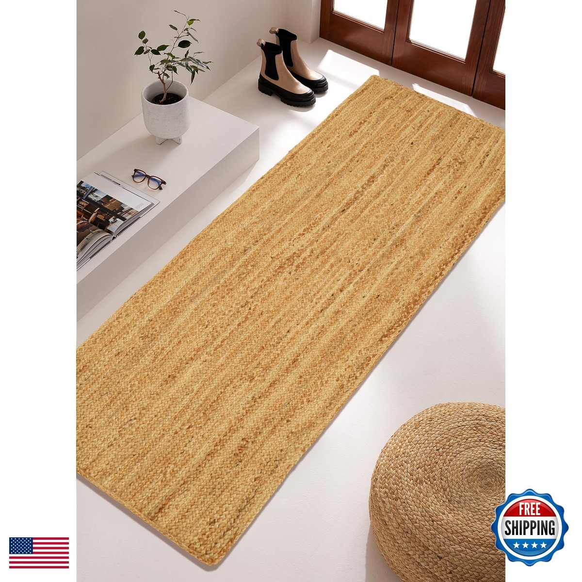 RIANGI Hand Woven Jute Area Rug 2′ x 6′ Rustic Beige Reversible