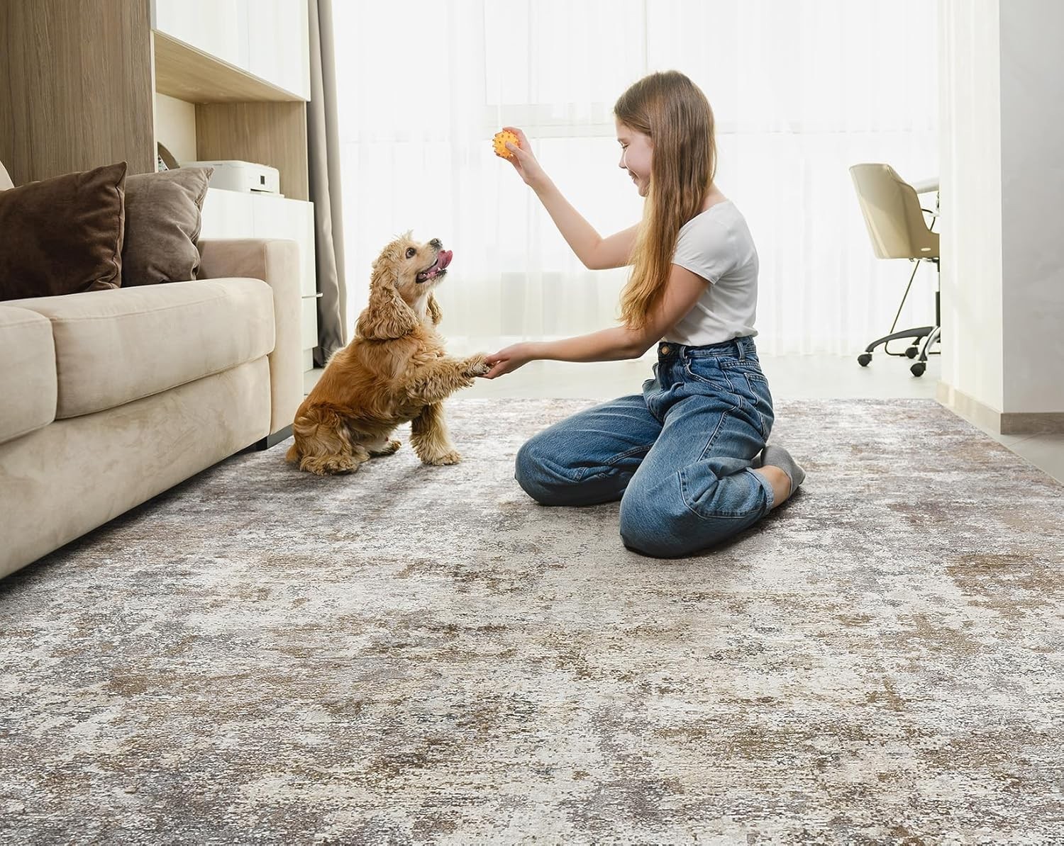 8×10 Area Rug Living Room Rugs – Washable Neutral Modern Abstract Soft Thin L…