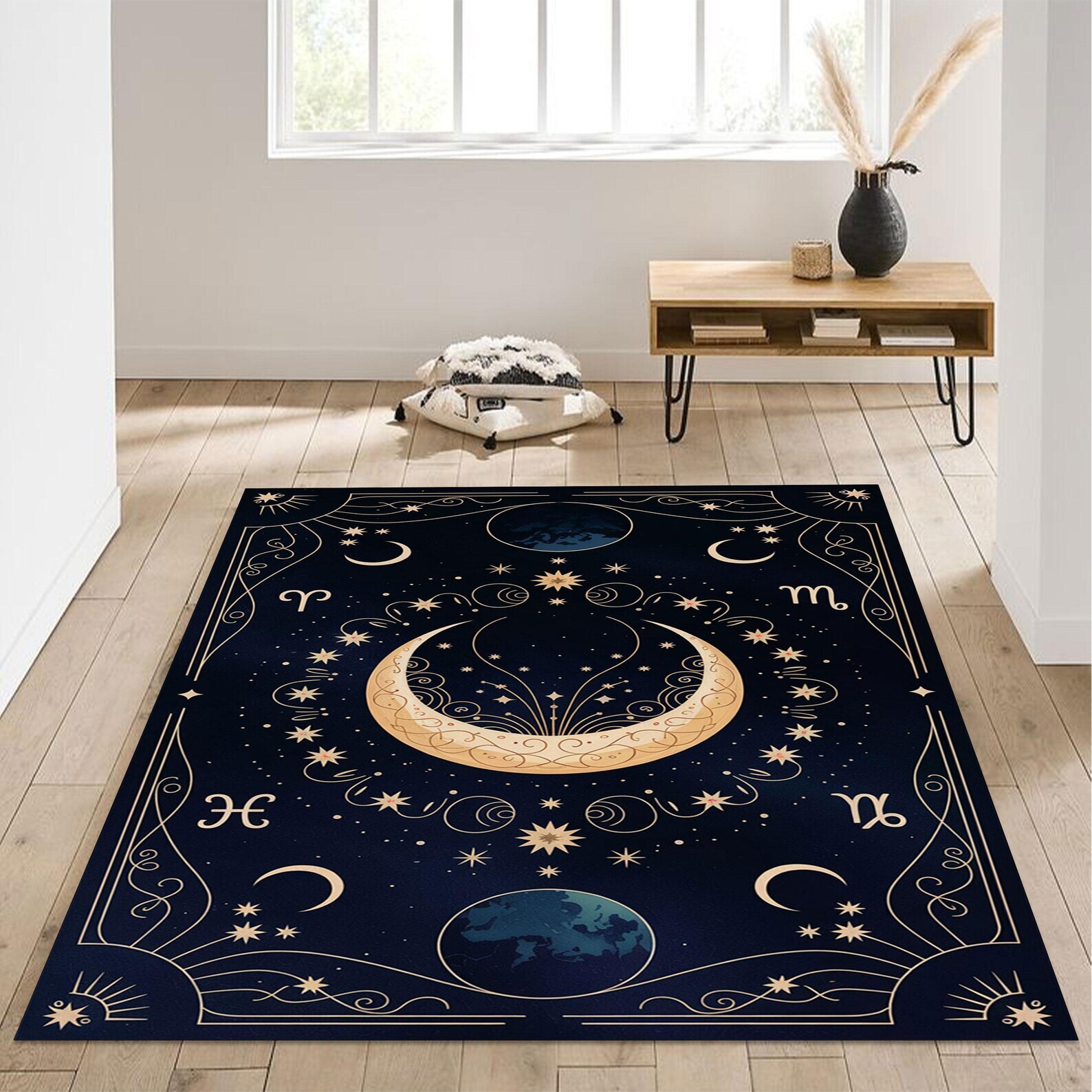 Celestial Mystic Rug With Crescent Moon, Stars And Zodiac Symbols On Midnight Bl