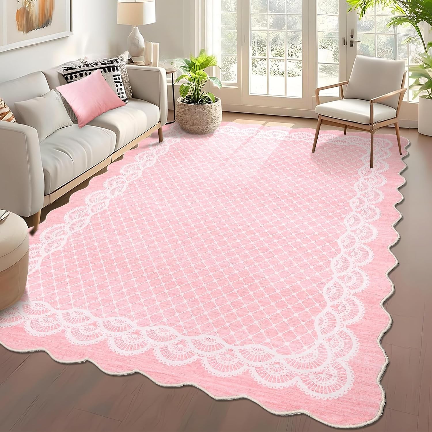 Scalloped Geometric Trellis Washable Area Rug Non Slip Living Bedroom Nursery