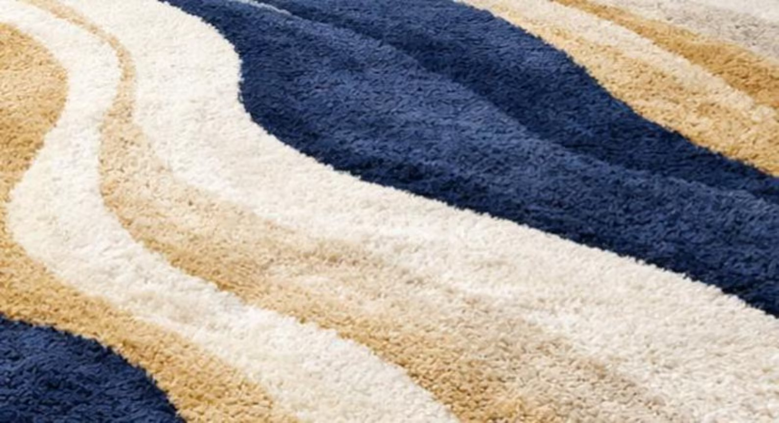 Luxury Modern Hand-Tufted Rug Abstract Wave Design in Navy Blue, Ivory & Mustard