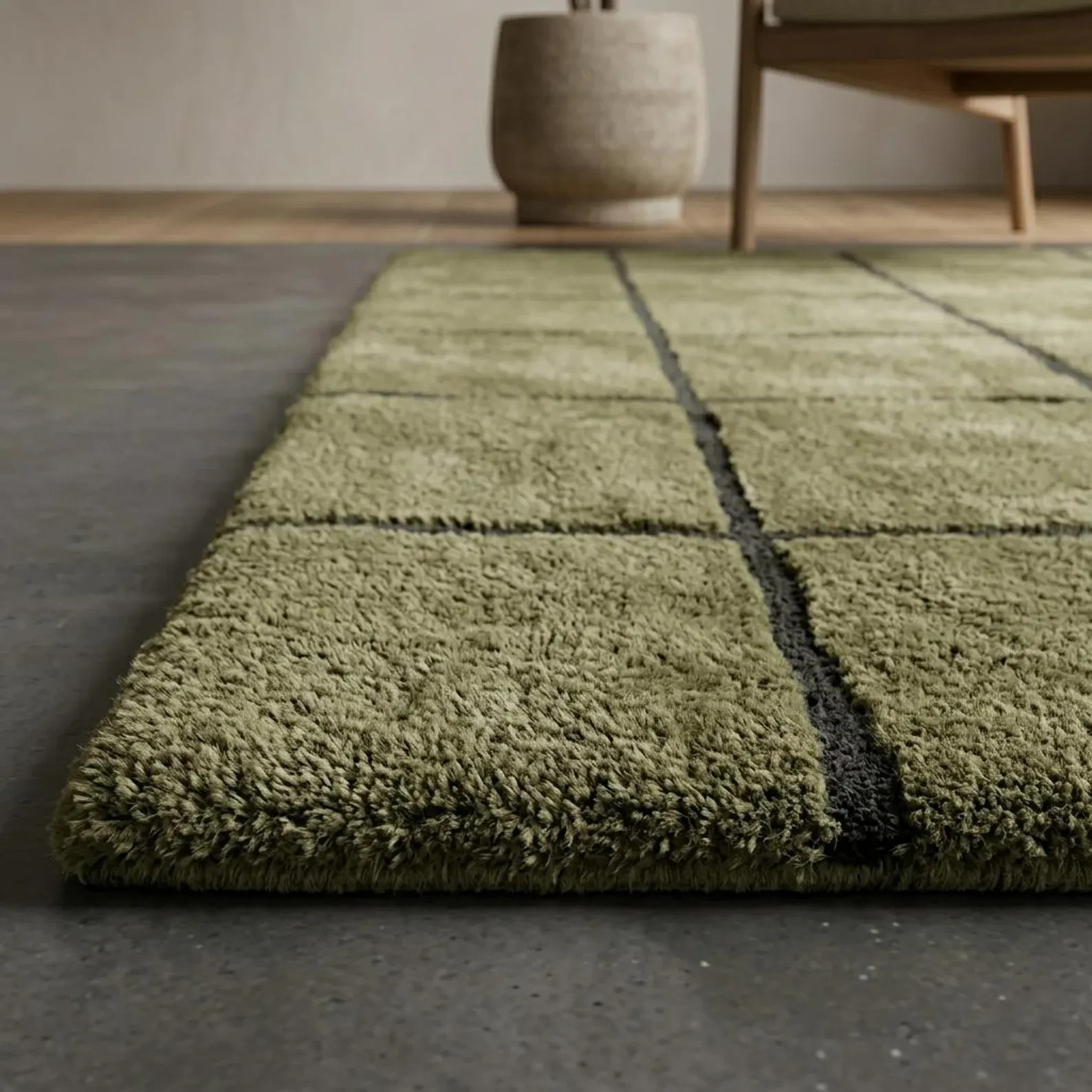Hand Tufted Wool Rug Olive Green Modern Grid Area Rug for Living Room carpet