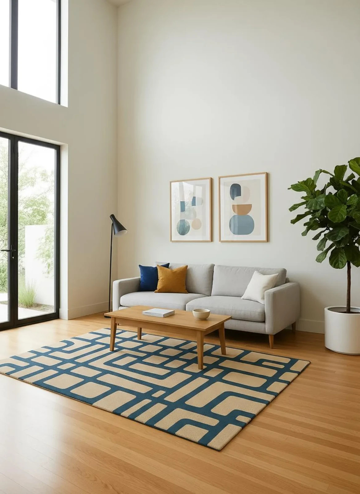 Hand Tufted Wool Rug | Modern Navy Blue, Beige Geometric Area Rug Grid Carpet