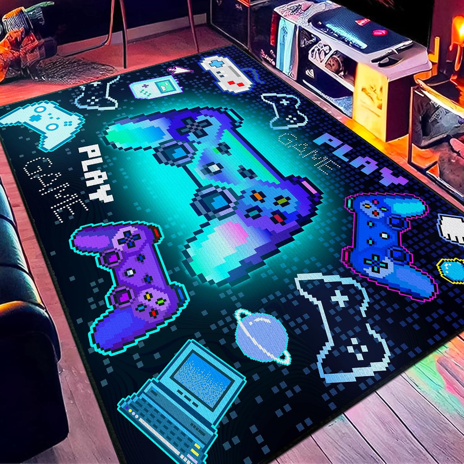 2X3 Funky Gaming Play Rug for Bedroom, Pixel Game Controller Mat Whimsical Gamep