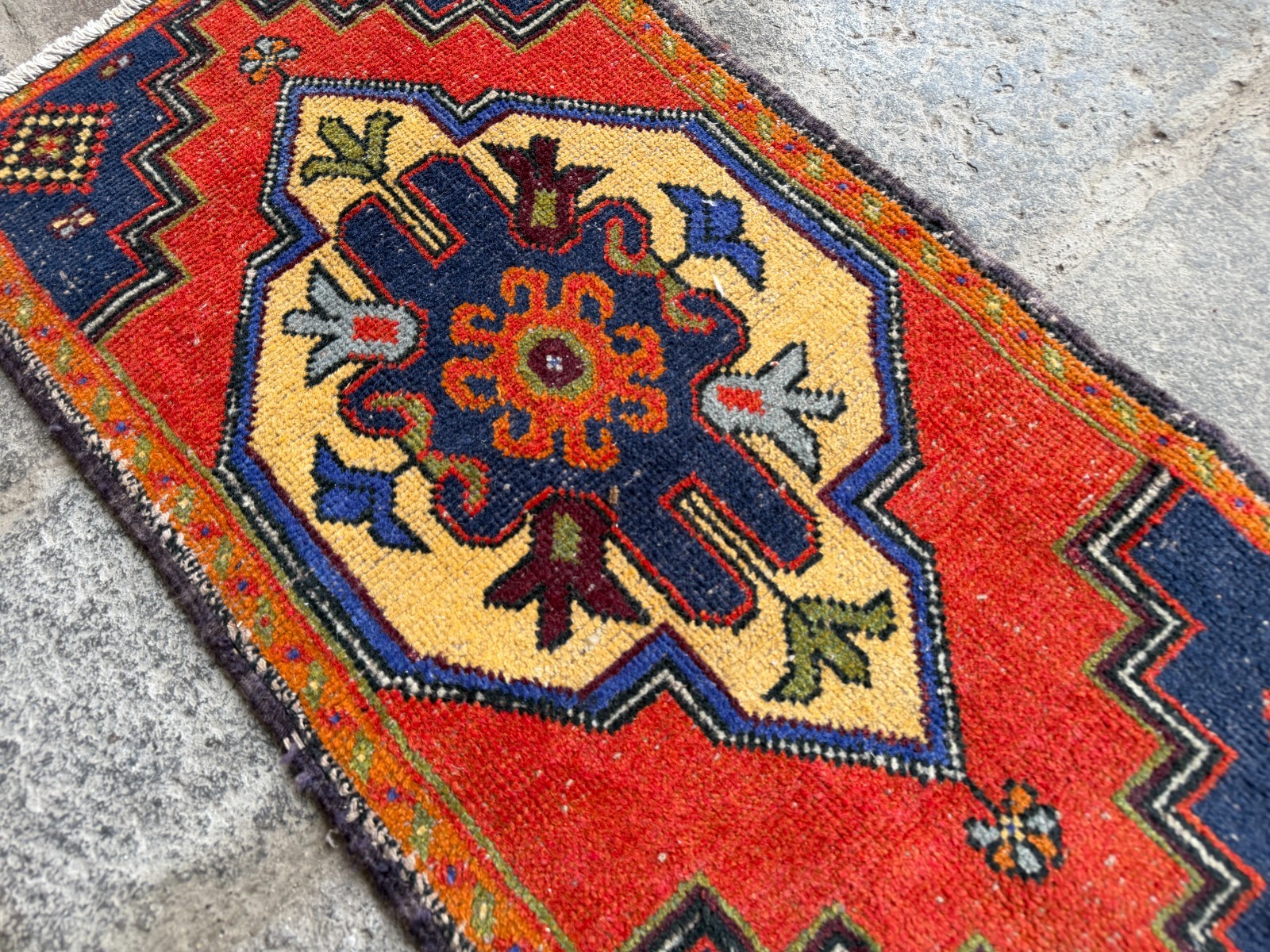 Vintage Turkish Oushak Rug 1.9×3.7 ft Red Navy Boho Hand Knotted Wool Rug