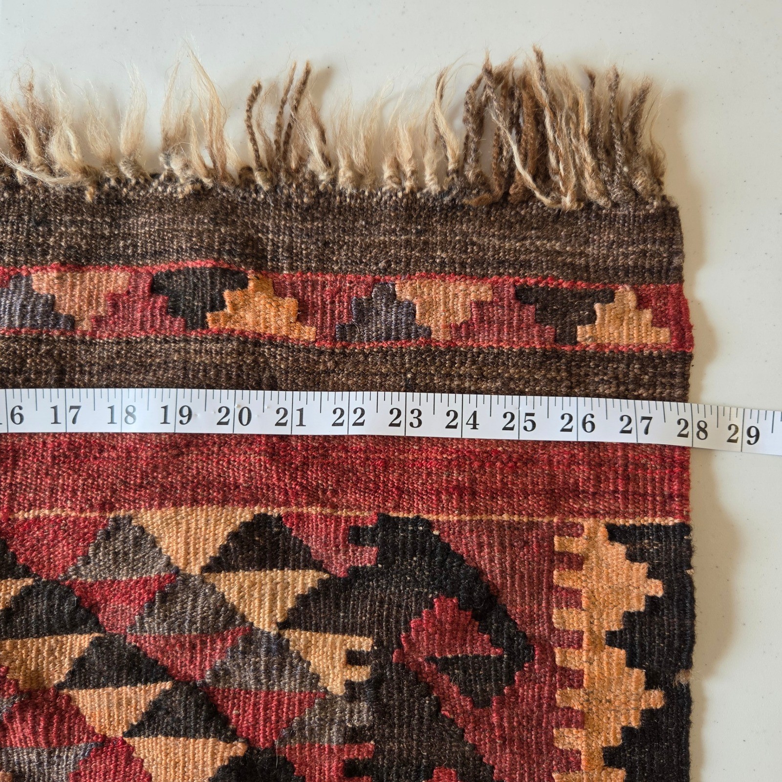 Handwoven Wool Kilim Rug Tribal Geometric Flatweave Terracotta Brown 28×36.5