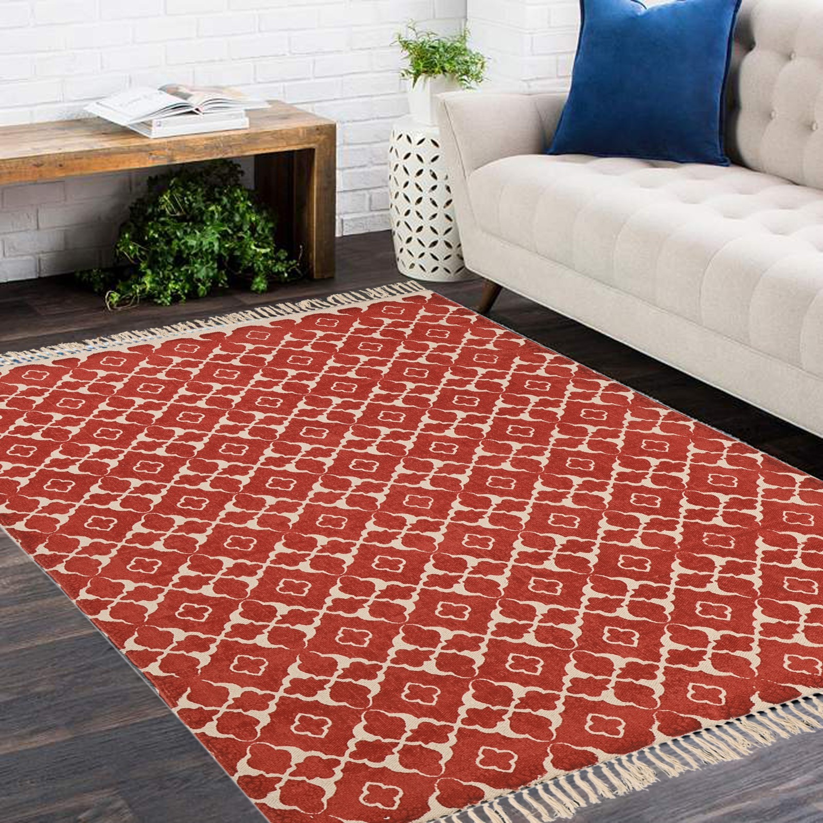 Hand Block Printed Cotton Area Rug Rust Terracotta Moroccan Trellis Boho 4×6 Rug