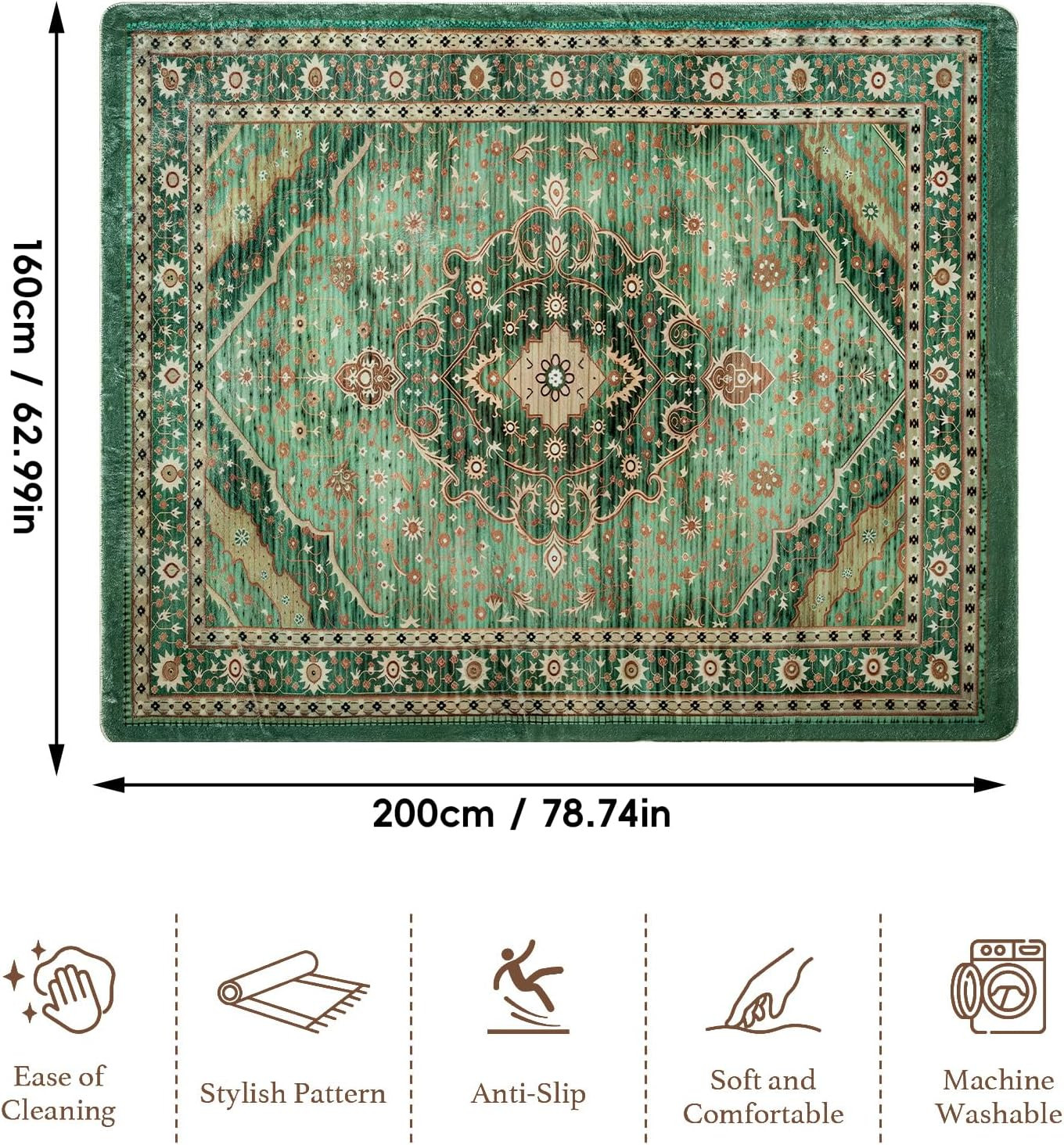 Vintage Green Area Rug, Soft Plush, Machine Washable, Anti-Slip, 160x200CM
